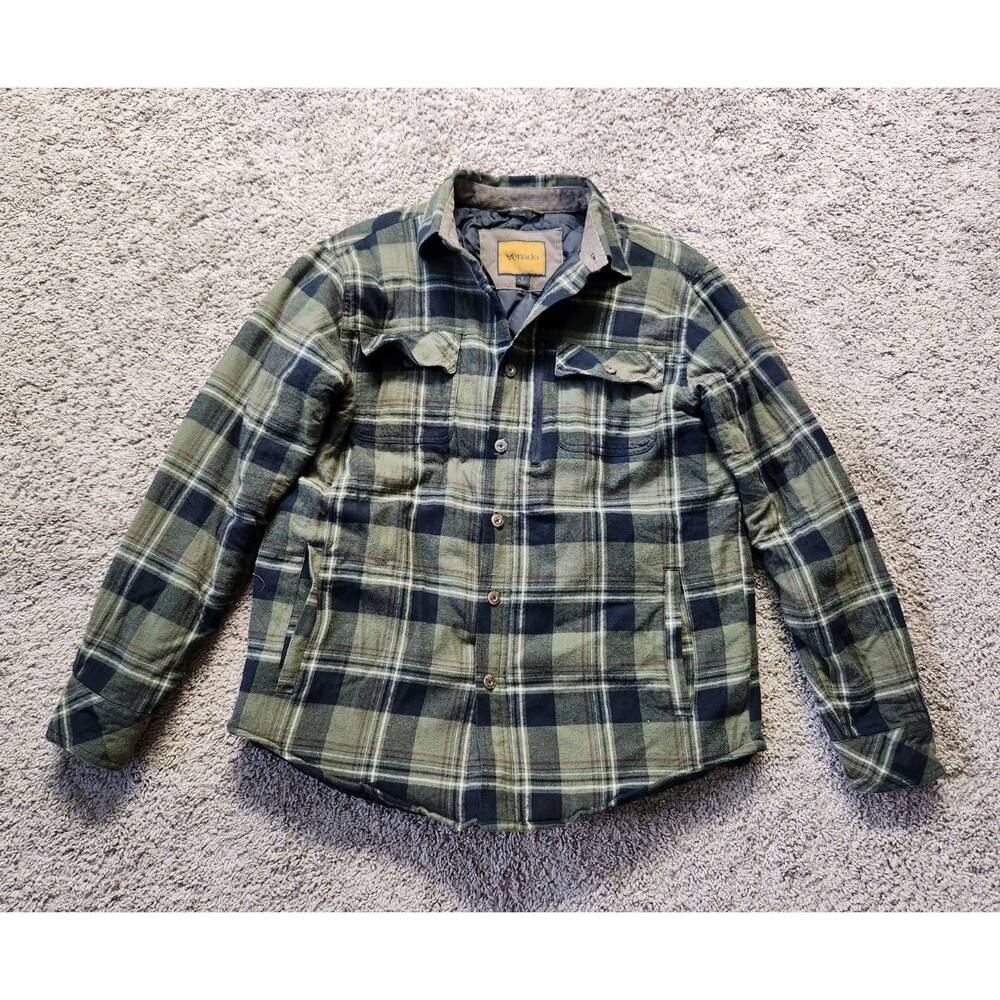 Venado Jacket Mens L Olive Green Black Quilt Lined Brushed Flannel Shirt Shacket